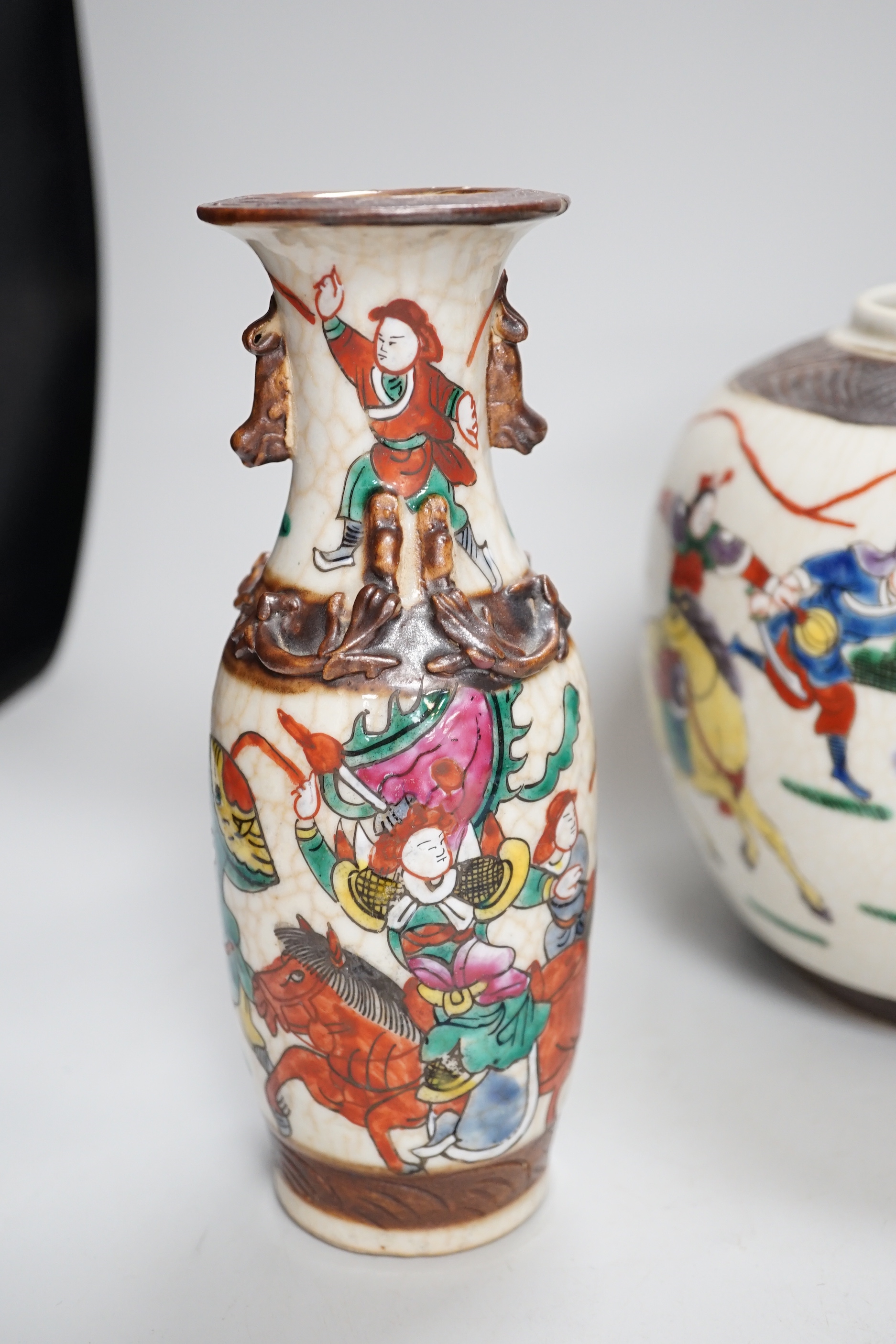A pair of Chinese crackleware vases and Satsuma ginger jar, largest each 20cm high